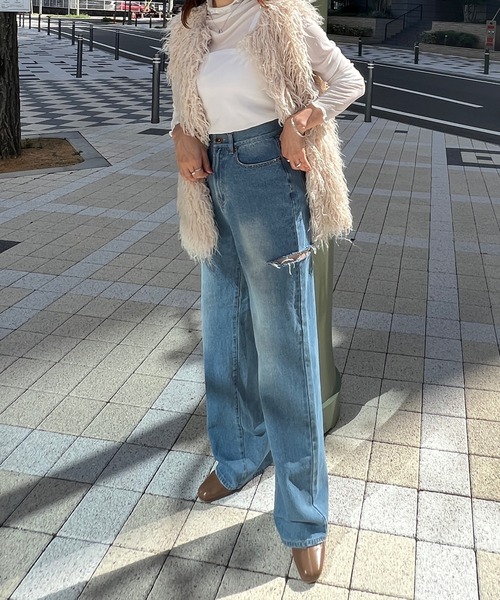 ダメージサイドデニムワイドパンツ サイドダメージワイドデニムパンツ | レディースファッション