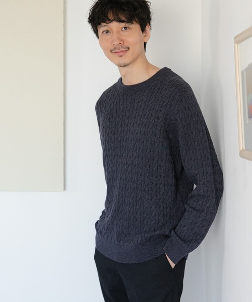 GLOBAL WORK（グローバルワーク）の「洗えるスマートケーブルニット/278052（ニット/セーター・メンズ・オフホワイト/グレー/ベージュ/グリーン/ブルー/ネイビー/ピンク・SMALL/MEDIUM/LARGE/X-LARGE）」の6枚目の写真