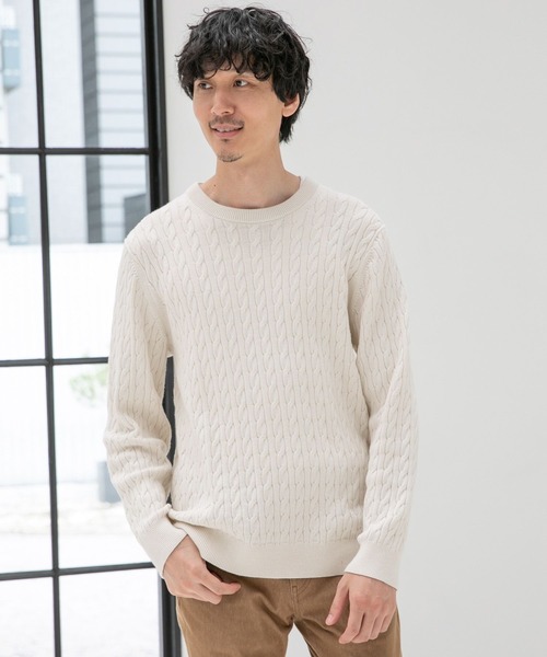 GLOBAL WORK（グローバルワーク）の「洗えるスマートケーブルニット/278052（ニット/セーター・メンズ・オフホワイト/グレー/ベージュ/グリーン/ブルー/ネイビー/ピンク・SMALL/MEDIUM/LARGE/X-LARGE）」の2枚目の写真