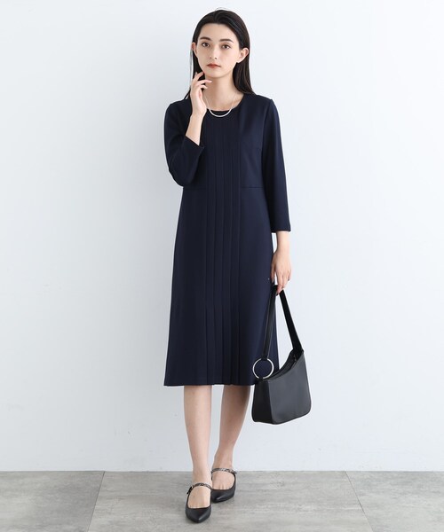 【未使用】　INDIVI 麻調スタイルアップワンピース 洗える／UVケア／SETUP可能】麻調スタイルアップワンピース