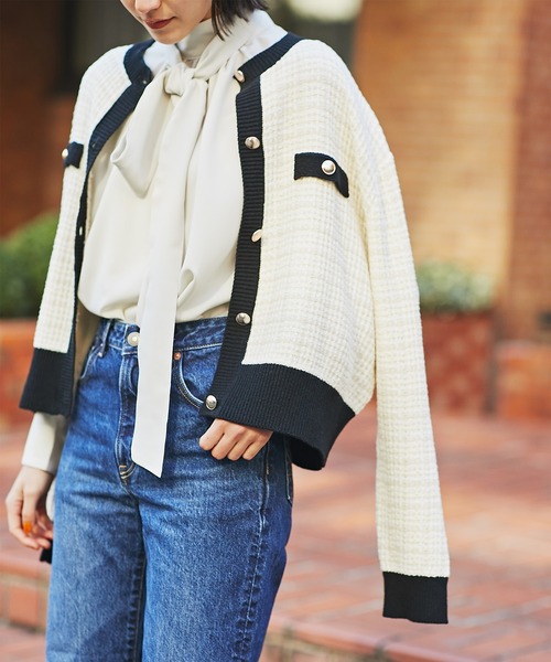 N.（N. Natural Beauty Basic）（エヌエヌナチュラルビューティーベーシック）の「◆ツイードニットカーディガン（カーディガン/ボレロ・レディース・オフホワイト/グリーン/ライトグリーン/オレンジ/ブラック・MEDIUM）」の2枚目の写真