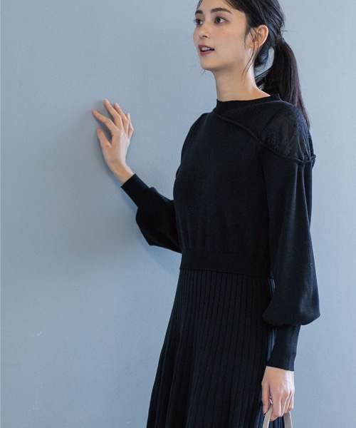 OPAQUE.CLIP(オペークドットクリップ)の「◆肩レース切替ニットワンピース(ワンピース・レディース・ブラック/ライトグリーン・38)」の4枚目の写真