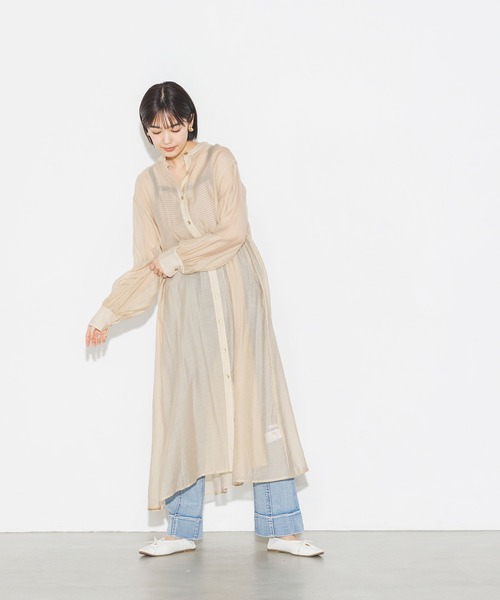 無地シアーAラインシャツワンピース