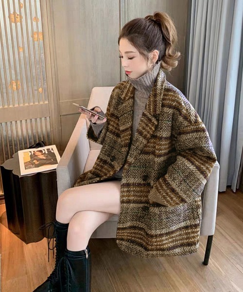 NinaetLina（ニナエリナ）の「チェックアウター（ステンカラーコート・レディース・グリーン/ブラウン・M/L）」の6枚目の写真