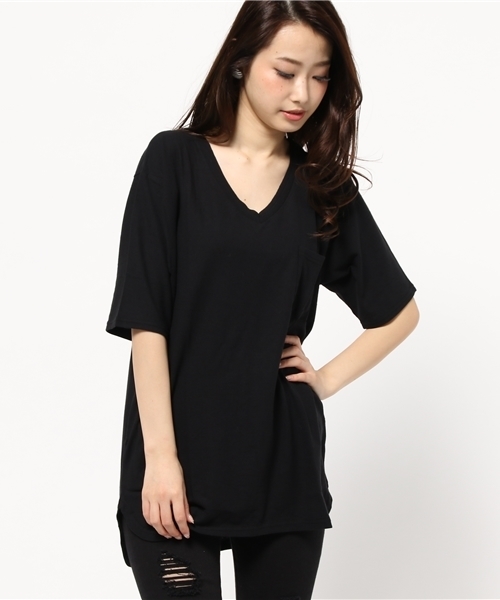 MOUSSY（マウジー）の「ROUND HEM V/N TEE（Tシャツ/カットソー・レディース・ベージュ/ネイビー/ホワイト/ブラック・FREE）」の21枚目の写真