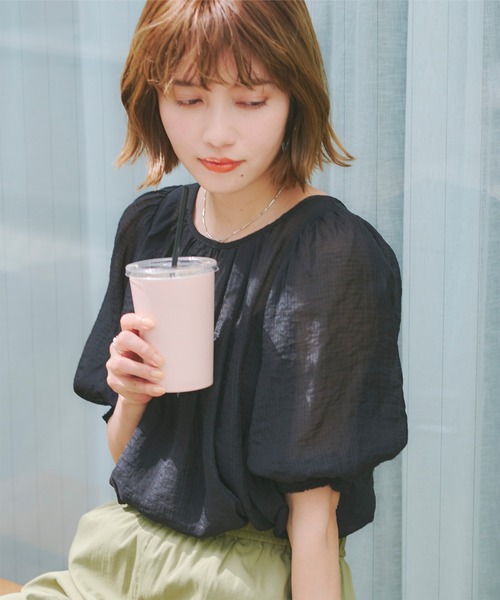 シアーチェックギャザーブラウス