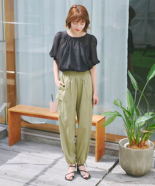 シアーチェックギャザーブラウス