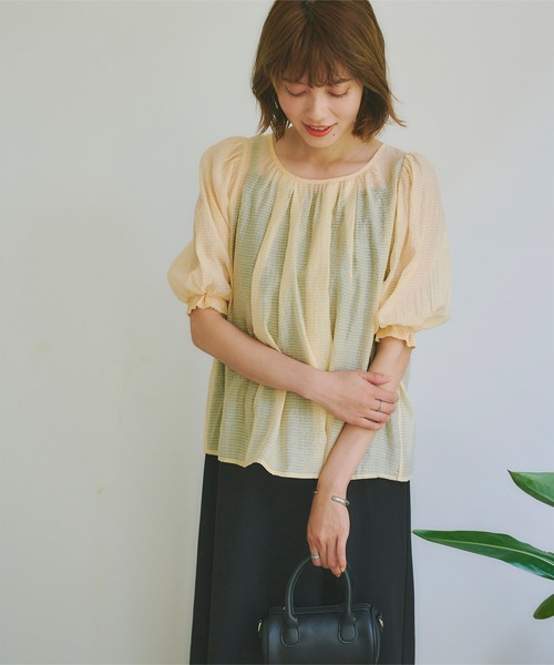 シアーチェックギャザーブラウス