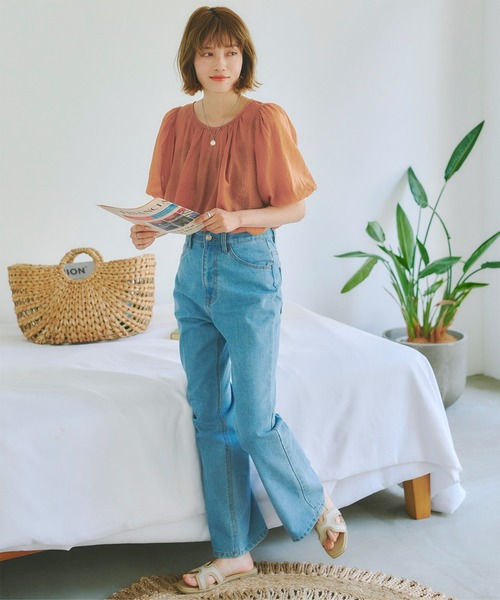 シアーチェックギャザーブラウス