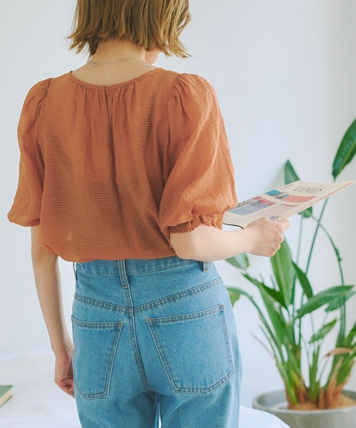 シアーチェックギャザーブラウス