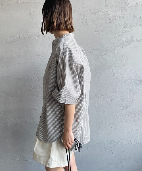 DANTON（ダントン）の「[DANTON/ダントン] バンドカラー コットンリネンストライプシャツ（シャツ/ブラウス・レディース・グレー/ベージュ・40/38/42）」の6枚目の写真