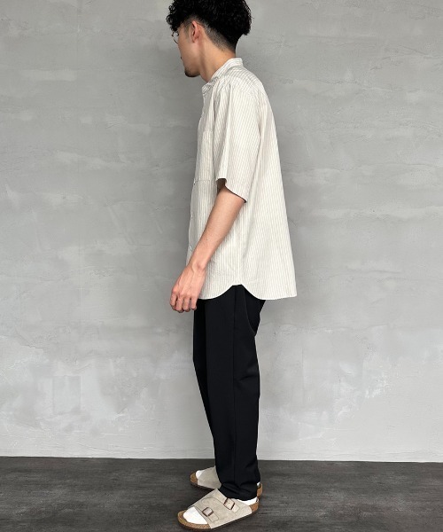 DANTON/ダントン] バンドカラー コットンリネンストライプシャツ