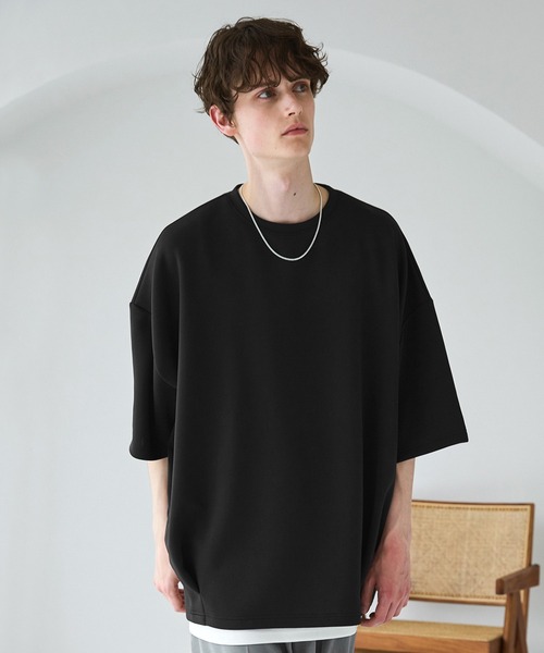 2025MHL 肩ボタンTシャツ カットソー 黒 セール】ポンチ＆クールマックスビッグシルエットタック入りTシャツ（T