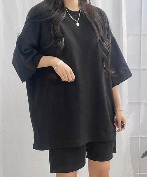 Dalfwin（ダールフィン）の「韓国ファッション バックラベル半袖×ショートパンツセットアップ ルームウェア（ルームウェア/パジャマ・レディース・グレー系その他/ブラック/ダークブルー/ライトブルー・FREE）」の9枚目の写真