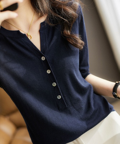 BLANC FICELLE(ブランフィセル)の「5分袖ニット ヘンリーネック(Tシャツ/カットソー・レディース・ブラウン/ネイビー・FREE)」の3枚目の写真