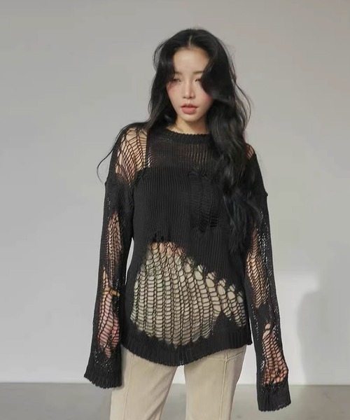 ROOPTOKYO（ループトウキョウ）の「▲damage long sleeve knit/ダメージロングスリーブニット（ニット/セーター・レディース・ホワイト/ベージュ/ブラック/クリーム・M/L）」の3枚目の写真