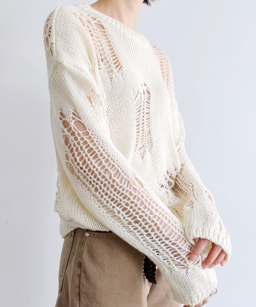 ROOPTOKYO（ループトウキョウ）の「▲damage long sleeve knit/ダメージロングスリーブニット（ニット/セーター・レディース・ホワイト/ベージュ/ブラック/クリーム・M/L）」の6枚目の写真