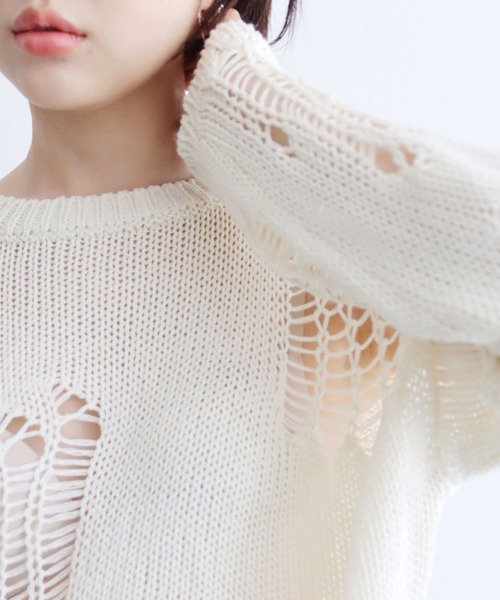 ROOPTOKYO（ループトウキョウ）の「▲damage long sleeve knit/ダメージロングスリーブニット（ニット/セーター・レディース・ホワイト/ベージュ/ブラック/クリーム・M/L）」の9枚目の写真