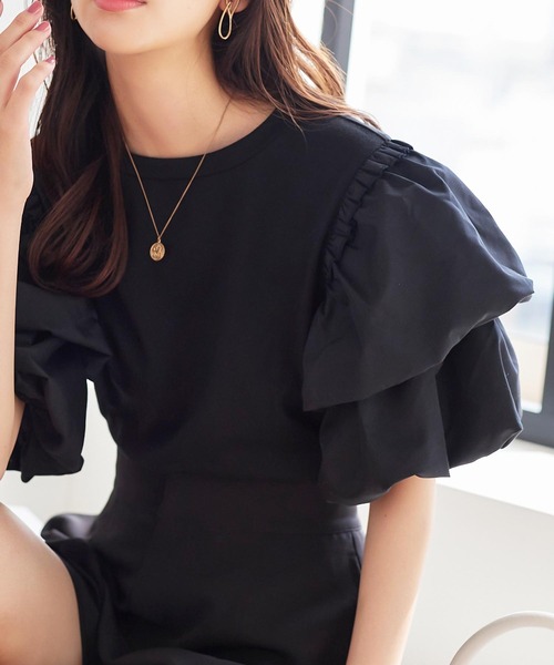 KOBE LETTUCE(コウベレタス)の「バルーンスリーブTシャツ(Tシャツ/カットソー・レディース・ブラック/オフホワイト・M)」の2枚目の写真