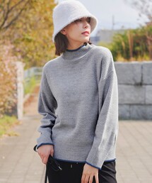 【洗える】かのこ編み配色ラインニットプルオーバー
