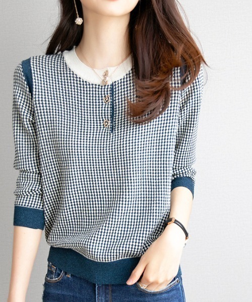 deux amour（ドゥーザムール）の「ジャガードヘンリー7分袖プルオーバー（Tシャツ/カットソー・レディース・ネイビー/ブラック・FREE(9)）」の2枚目の写真