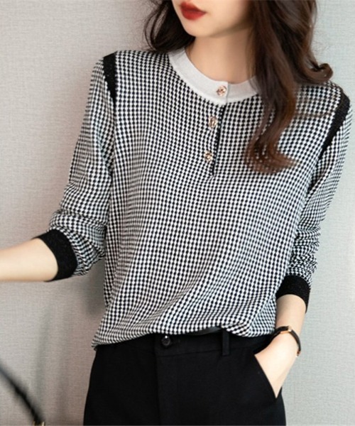 deux amour（ドゥーザムール）の「ジャガードヘンリー7分袖プルオーバー（Tシャツ/カットソー・レディース・ネイビー/ブラック・FREE(9)）」の6枚目の写真