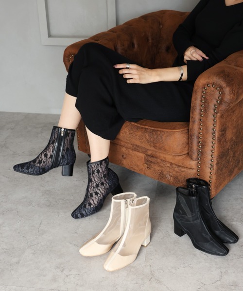 VIVIAN（ヴィヴィアン）の「スクエアトゥシアーショートブーツ（ブーツ・レディース・ベージュ/ブラック/クリアブラック・S/M/L/LL）」の6枚目の写真