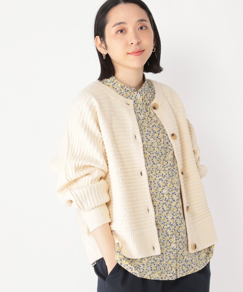 studio CLIP(スタディオクリップ)の「5ゲージブクブクヤーンダブルフロントカーディガン(カーディガン/ボレロ・レディース・オフホワイト/ライトグリーン/スモーク・FREE)」の1枚目の写真