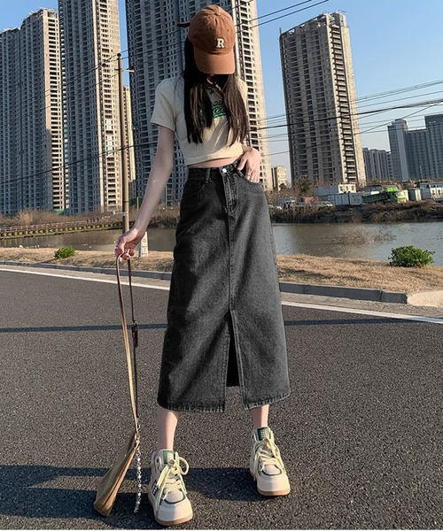 SHEPP（シープ）の「フロントスリット デニム タイト ロングスカート（デニムスカート・レディース・ブラック/サックスブルー/グレー/ブルー・S/M/L）」の7枚目の写真