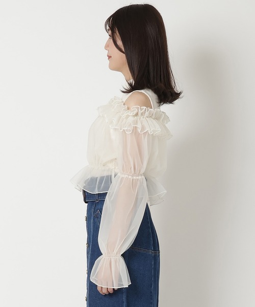 REDYAZEL（レディアゼル）の「チュールドッキングニット（シャツ/ブラウス・レディース・ブラック/オフホワイト/ベージュ・FREE）」の4枚目の写真