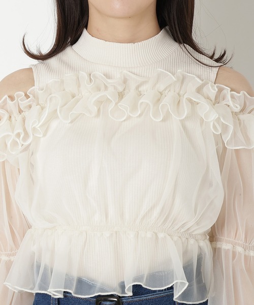 REDYAZEL（レディアゼル）の「チュールドッキングニット（シャツ/ブラウス・レディース・ブラック/オフホワイト/ベージュ・FREE）」の7枚目の写真