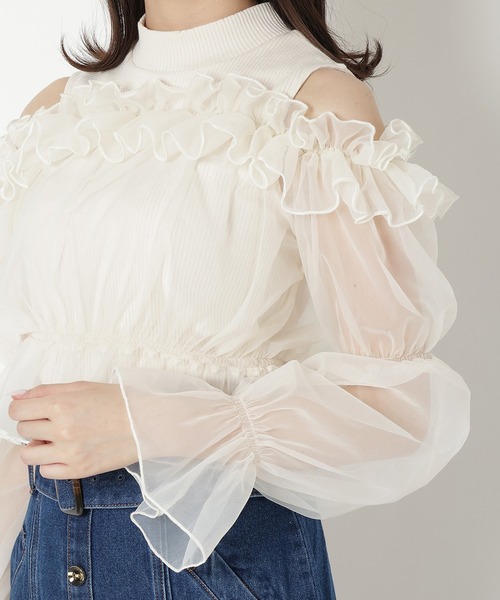 REDYAZEL（レディアゼル）の「チュールドッキングニット（シャツ/ブラウス・レディース・ブラック/オフホワイト/ベージュ・FREE）」の8枚目の写真