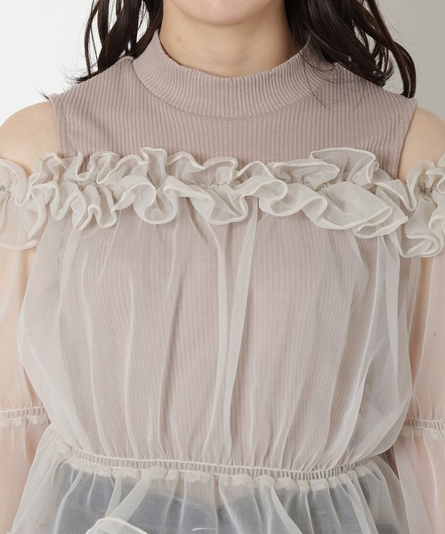 REDYAZEL（レディアゼル）の「チュールドッキングニット（シャツ/ブラウス・レディース・ブラック/オフホワイト/ベージュ・FREE）」の14枚目の写真