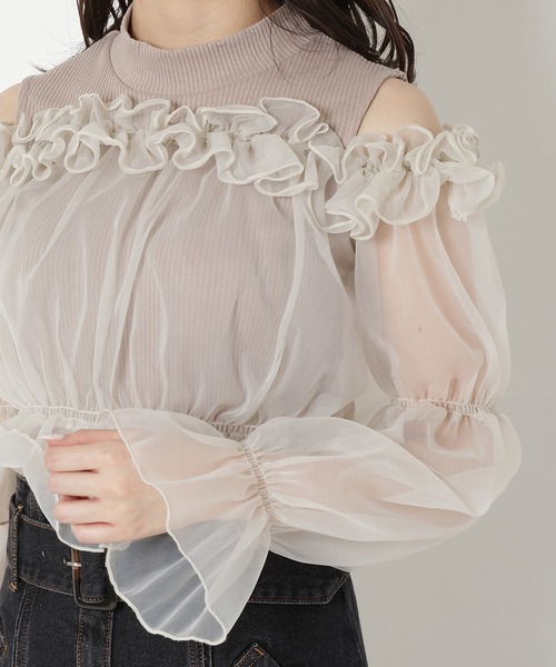 REDYAZEL（レディアゼル）の「チュールドッキングニット（シャツ/ブラウス・レディース・ブラック/オフホワイト/ベージュ・FREE）」の15枚目の写真