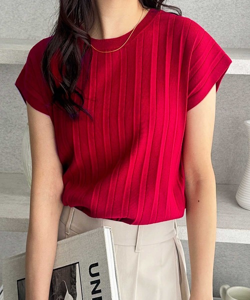 GeeRA（ジーラ）の「プリーツ編フレンチスリーブリブニットトップス（ニット/セーター・レディース・ブラック/アイボリー/ライトブルー/モカ/ネイビー/チャコールグレー/ライトグレー/レッド/ブラウン・SMALL/MEDIUM/LARGE/X-LARGE）」の9枚目の写真