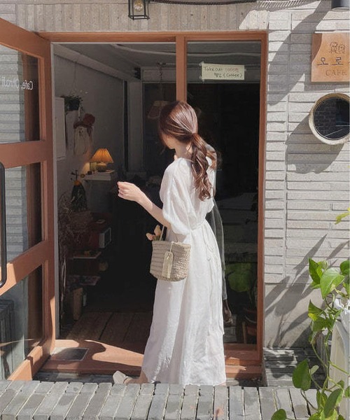 シフォンパフスリーブ Vネックスリットロングワンピース 4060309 シフォンパフスリーブ Vネックスリットロングワンピース 4060309