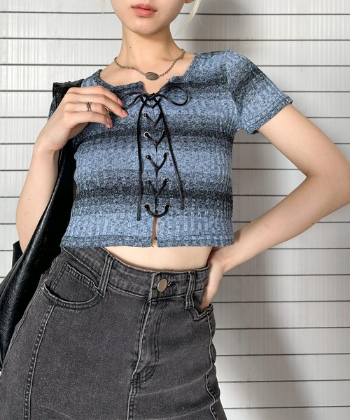 SpRay（スプレイ）の「メランジボーダーレースアップトップス（Tシャツ/カットソー・レディース・ベージュ/ブラック/ブルー・FREE）」の3枚目の写真