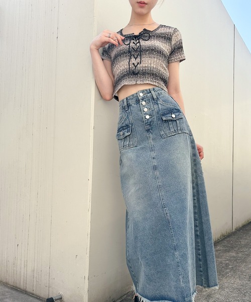SpRay（スプレイ）の「メランジボーダーレースアップトップス（Tシャツ/カットソー・レディース・ベージュ/ブラック/ブルー・FREE）」の6枚目の写真