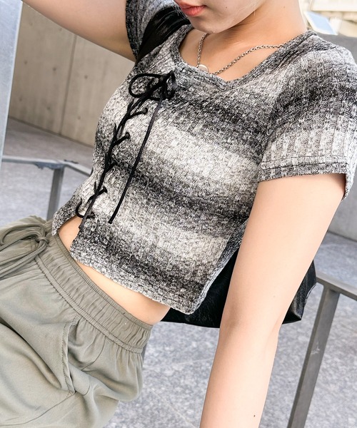 SpRay（スプレイ）の「メランジボーダーレースアップトップス（Tシャツ/カットソー・レディース・ベージュ/ブラック/ブルー・FREE）」の11枚目の写真