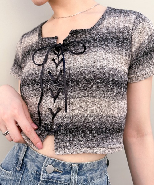 SpRay（スプレイ）の「メランジボーダーレースアップトップス（Tシャツ/カットソー・レディース・ベージュ/ブラック/ブルー・FREE）」の4枚目の写真