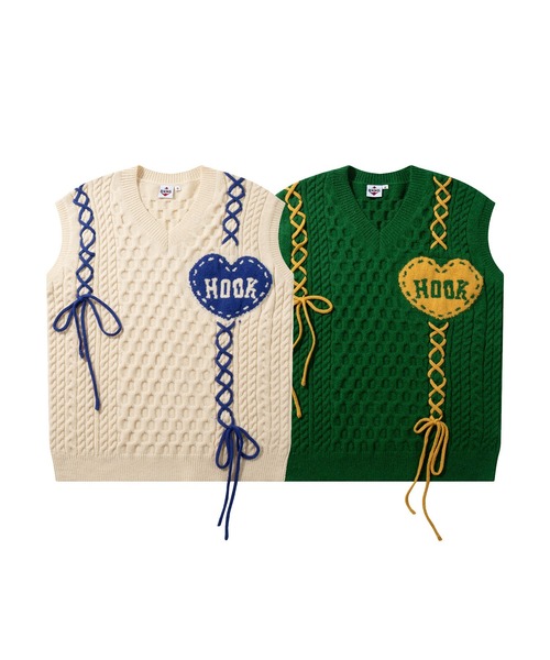 HOOK(フック)の「HOOK -original- ハートパッチ編み上げニットベスト (AW)(ベスト・メンズ・ライトベージュ/グリーン・XL/L/M)」の3枚目の写真