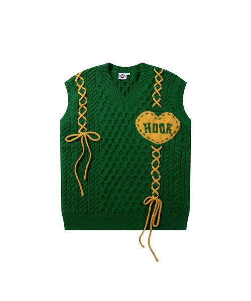 HOOK(フック)の「HOOK -original- ハートパッチ編み上げニットベスト (AW)(ベスト・メンズ・ライトベージュ/グリーン・XL/L/M)」の4枚目の写真