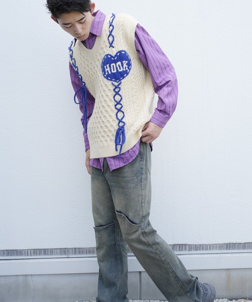 HOOK(フック)の「HOOK -original- ハートパッチ編み上げニットベスト (AW)(ベスト・メンズ・ライトベージュ/グリーン・XL/L/M)」の20枚目の写真
