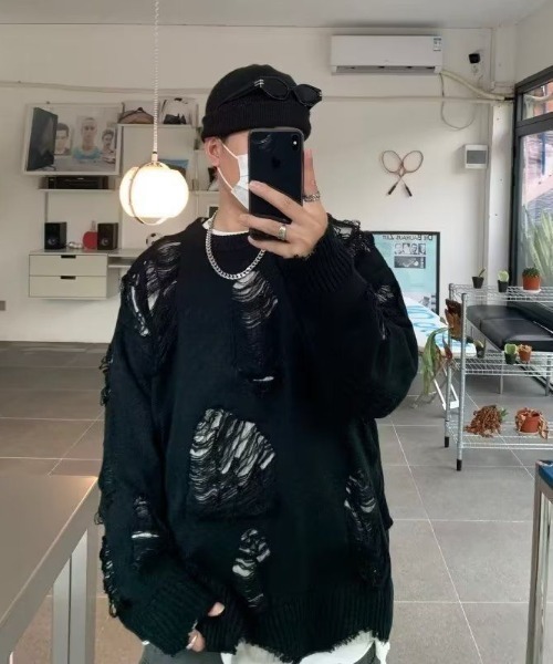 DEVICE(デバイス)の「韓国 古着風 リバーシブル ダメージ クラッシュ クルーネック ロンT ニット(ニット/セーター・レディース・ブラック/グレー・FREE)」の11枚目の写真