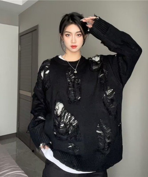 セール】韓国 古着風 リバーシブル ダメージ クラッシュ クルーネック