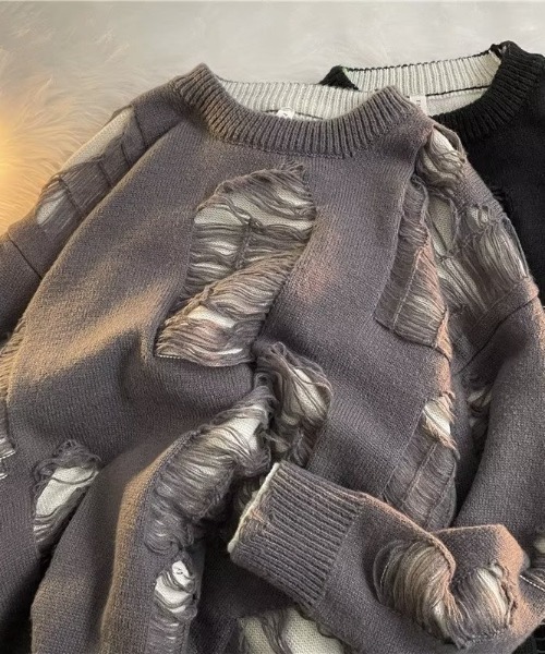 韓国 古着風 リバーシブル ダメージ クラッシュ クルーネック ロンT