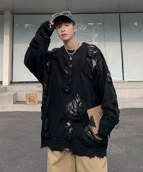 韓国 古着風 リバーシブル ダメージ クラッシュ クルーネック ロンT