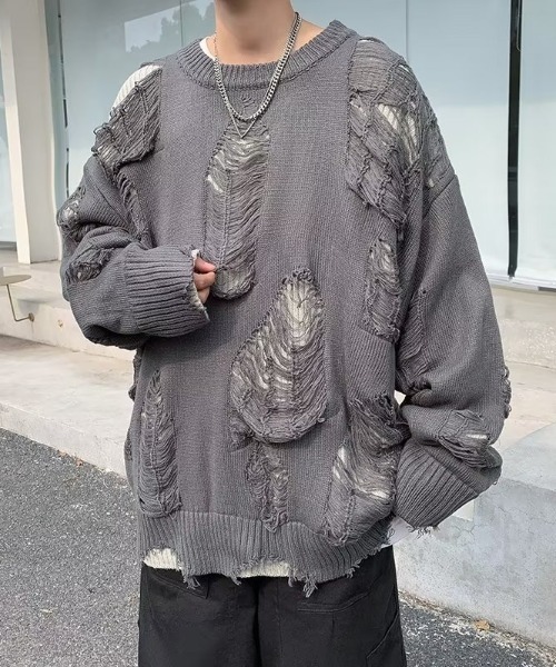 韓国 古着風 リバーシブル ダメージ クラッシュ クルーネック ロンT