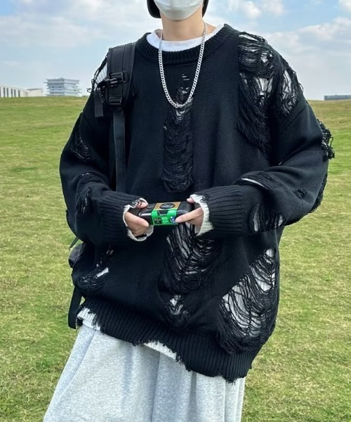 T*e様 【タグ切れあり】STONE  ネイビーセーター 韓国 古着風 リバーシブル ダメージ クラッシュ クルーネック ロンT