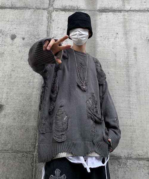 セール】韓国 古着風 リバーシブル ダメージ クラッシュ クルーネック